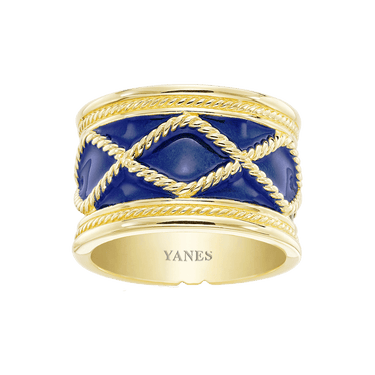 Yellow gold and navy enamel rhombus ring