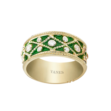 Timbal ring in yellow gold, diamonds and moss enamel