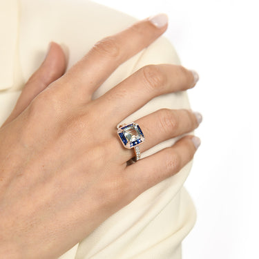 Anillo Anne Zafiros, diamantes y Aguamarina, oro blanco