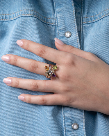 Anillo Bouquet gemas multicolor, plata dorada