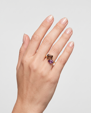 Anillo Bow cuarzo fumé y amatista, plata dorada