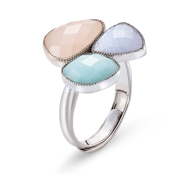 Anillo Flora calcedonia, amazonita, cuarzo rosa, plata