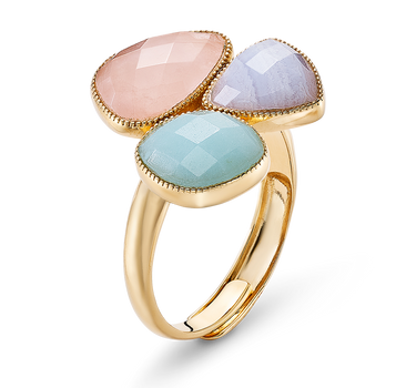 Anillo Flora calcedonia, amazonita, cuarzo rosa, plata dorada