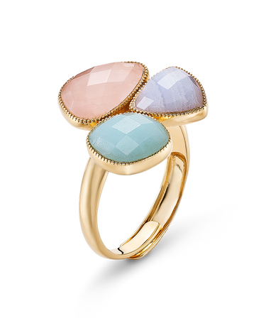 Anillo Flora calcedonia, amazonita, cuarzo rosa, plata dorada