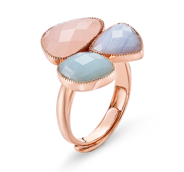 Anillo Flora calcedonia, amazonita, cuarzo rosa, plata rosa