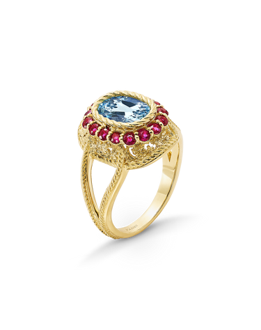 Anillo Garden topacio azul y rubís, oro