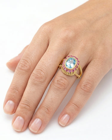 Anillo Garden topacio azul y turmalina rosa, oro