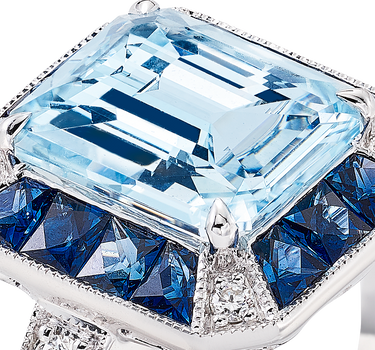Anillo Gran Anne aguamarina, diamante y zafiro, oro blanco