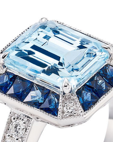 Anillo Gran Anne aguamarina, diamante y zafiro, oro blanco