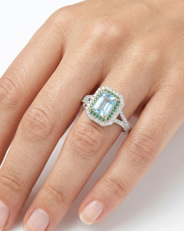 Anillo Santa María aguamarina, turmalinas y diamantes, oro blanco