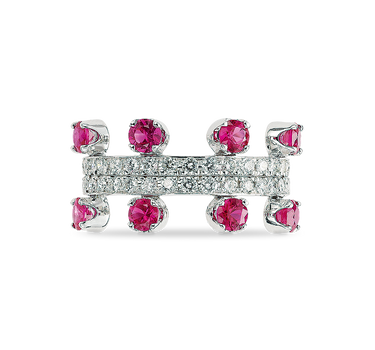 Anillo doble rubíes y diamantes, oro blanco