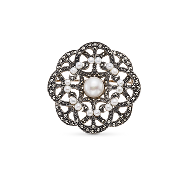 Broche Mary perlas y marcasitas, plata