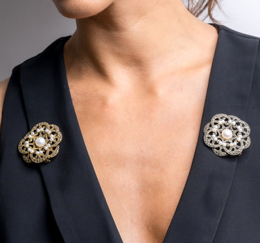 Broche Mary perlas y marcasitas, plata dorada