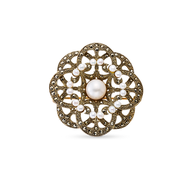 Broche Mary perlas y marcasitas, plata dorada