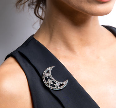 Broche media luna marcasitas, plata