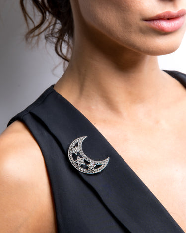 Broche media luna marcasitas, plata