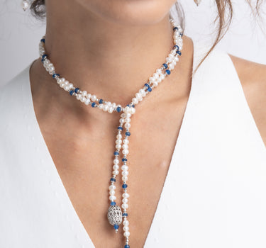 Collar Puccini perlas y ágata azul, plata