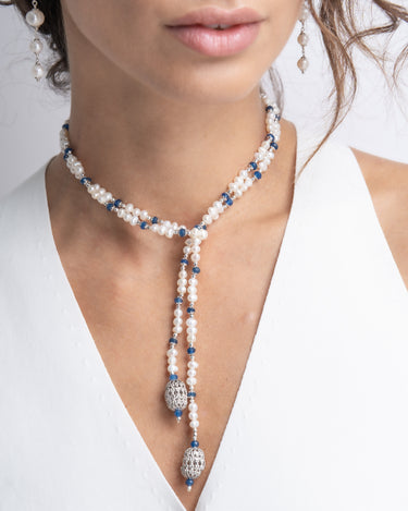 Collar Puccini perlas y ágata azul, plata