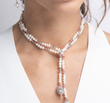 Collar Puccini perlas y ágata rojo, plata