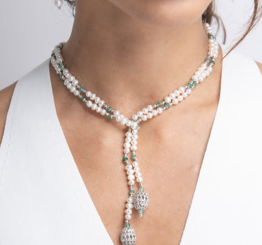 Collar Puccini perlas y ágata verde, plata