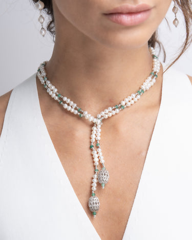 Collar Puccini perlas y ágata verde, plata
