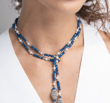 Collar Verdi ágata azul y perlas, plata