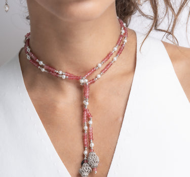 Collar Verdi ágata roja y perlas, plata