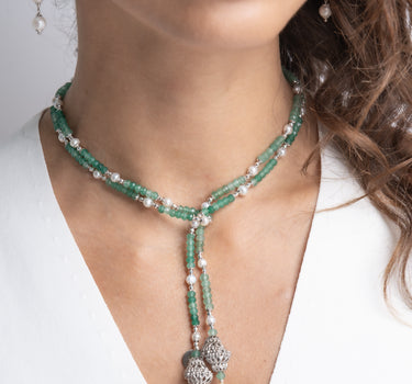 Collar Verdi ágata verde y perlas, plata