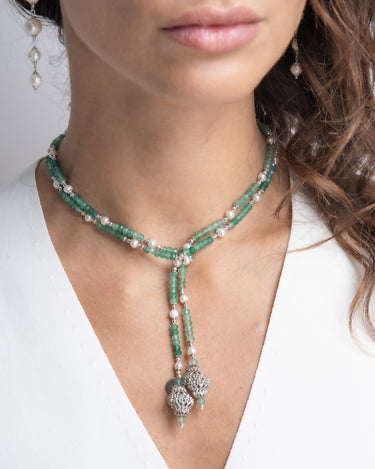 Collar Verdi ágata verde y perlas, plata