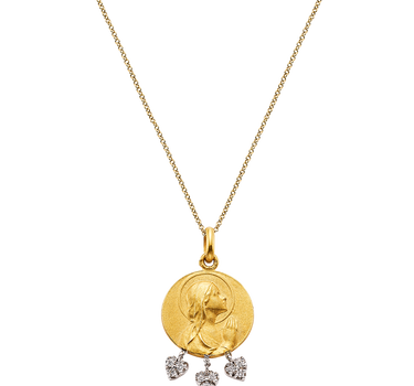 Medalla Virgen Manos diamantes 16 mm, oro