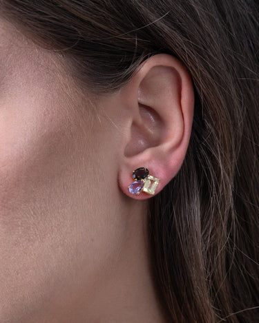 Pendientes Bow cuarzo limón, amatista, cuarzo fumé, plata dorada