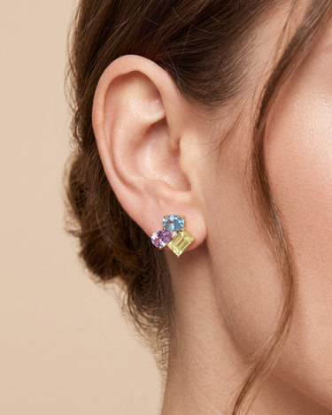 Pendientes Bow cuarzo limón, amatista, topacio azul, plata dorada