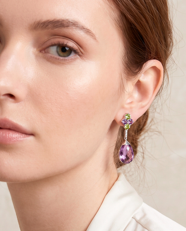 Pendientes Candy Drop amatistas y peridotos, oro blanco