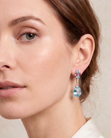 Pendientes Candy Drop topacios azules y turmalinas rosas, oro blanco