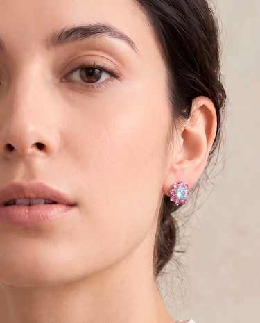 Pendientes Candy Flower Duo topacios azules y turmalinas rosas, oro blanco