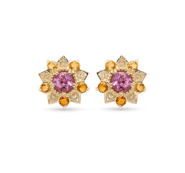 Pendientes Flor de Loto citrinos y amatista, oro