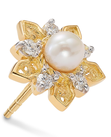 Pendientes Flor de Loto pequeños perla y diamantes, oro