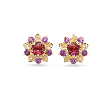 Pendientes Flor de Loto turmalinas y amatista, oro