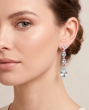 Magic Candy earrings in white gold, blue topaz and pink quartz