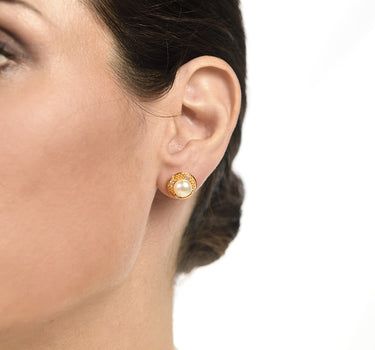 Pendientes Perla Botón diamantes, oro