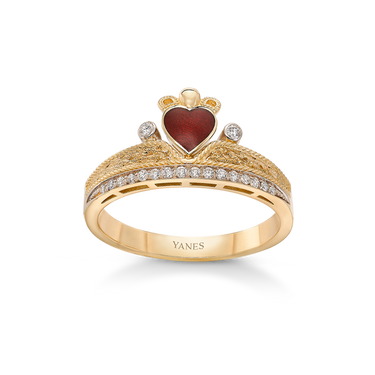 Anillo Claddagh esmalte y diamantes, oro amarillo