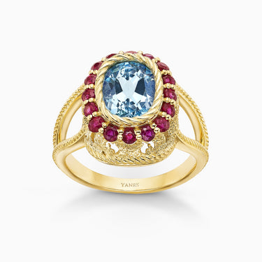 Garden ring gold, blue topaz and rubies